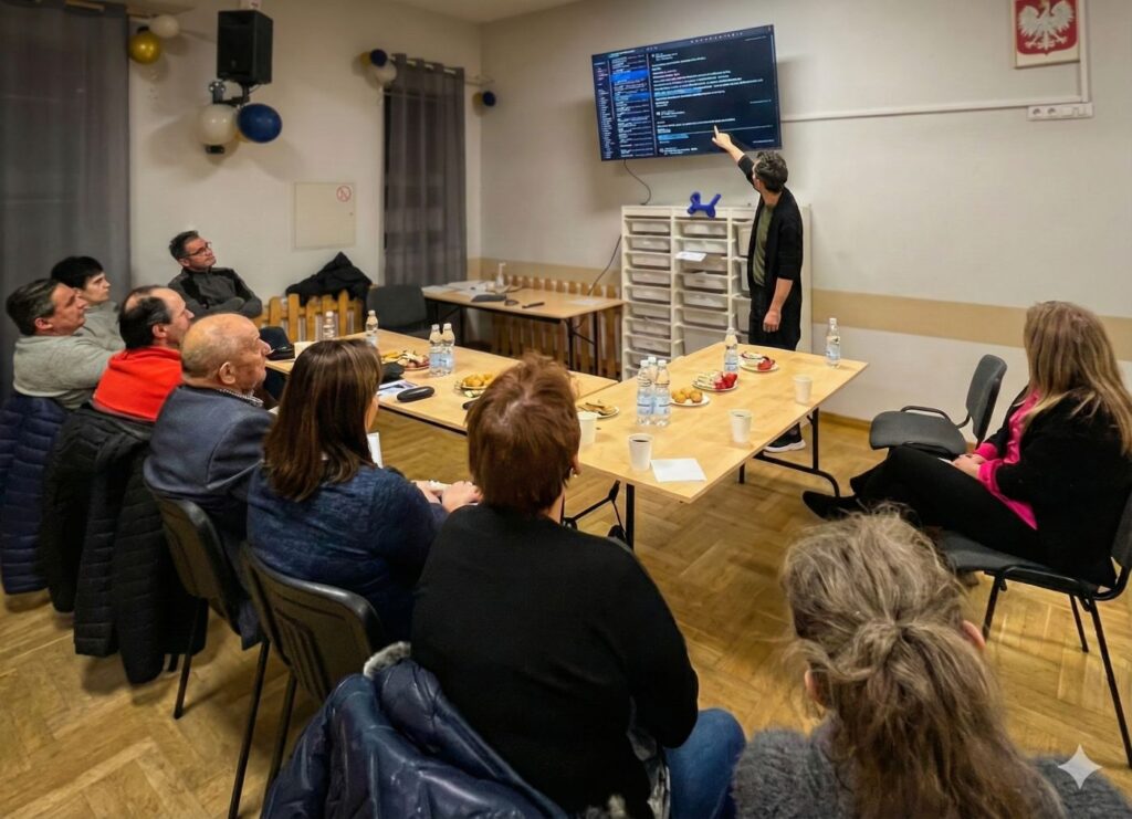 Warsztaty edukacyjne dla dorosłych – prowadzący prezentuje treści na ekranie podczas spotkania.