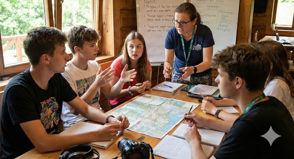 Warsztaty zespołowe dla młodzieży podczas wyjazdu edukacyjnego.