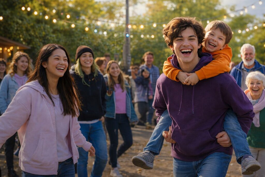 Grupa młodych osób i seniorów uczestniczących we wspólnym wydarzeniu plenerowym; młody mężczyzna niesie na plecach uśmiechnięte dziecko.